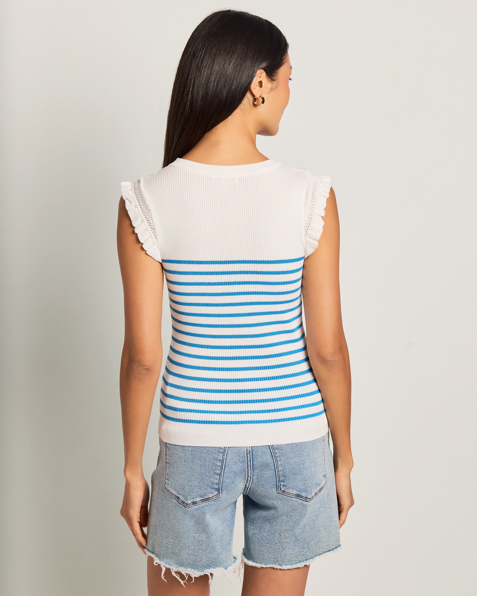 Ivory Blue $|& Skies Are Blue Ruffle Sleeve Ribbed Striped Top - SOF Back