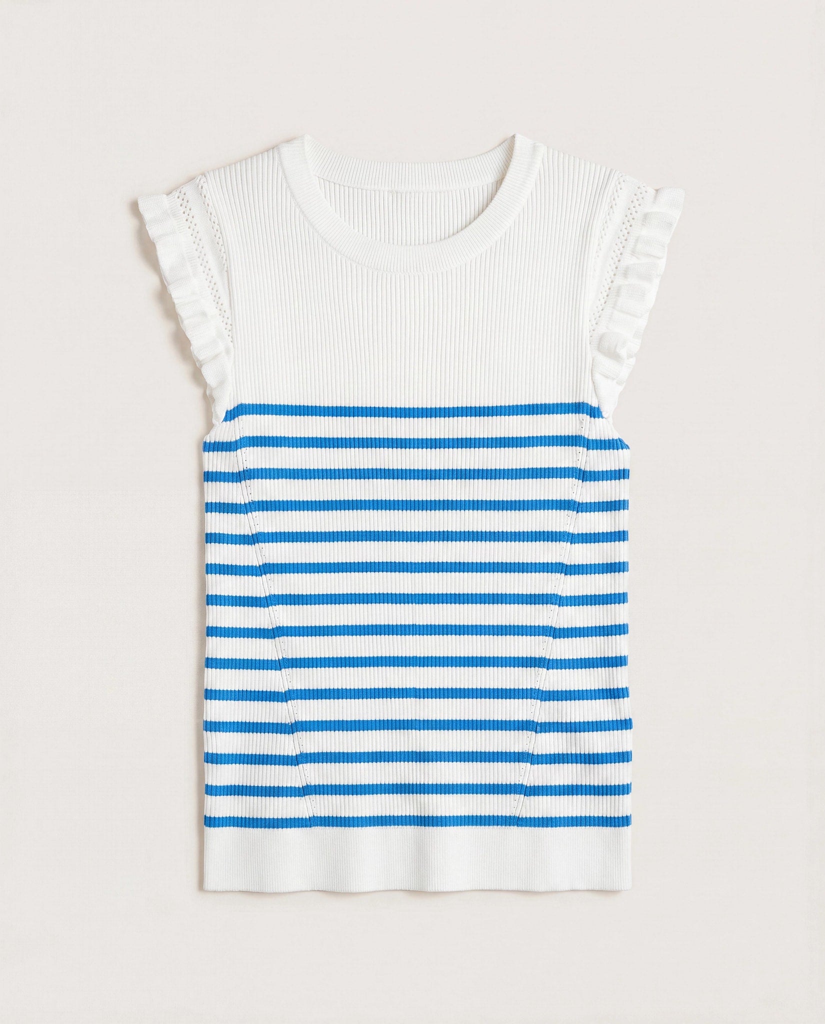 Ivory Blue $|& Skies Are Blue Ruffle Sleeve Ribbed Striped Top - SOF Front