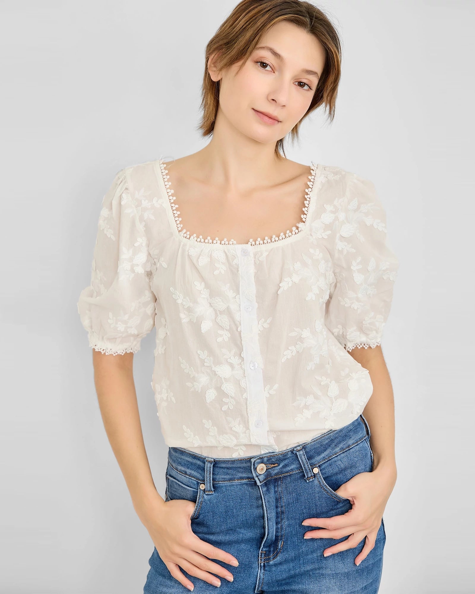 White $|& West Kei Embroidered Button Down Blouse - VOF Detail