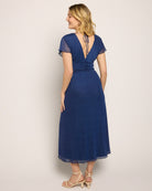 Navy $|& Loveappella Deep V Pindot Midi Dress - SOF Back