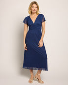 Navy $|& Loveappella Deep V Pindot Midi Dress - SOF Front