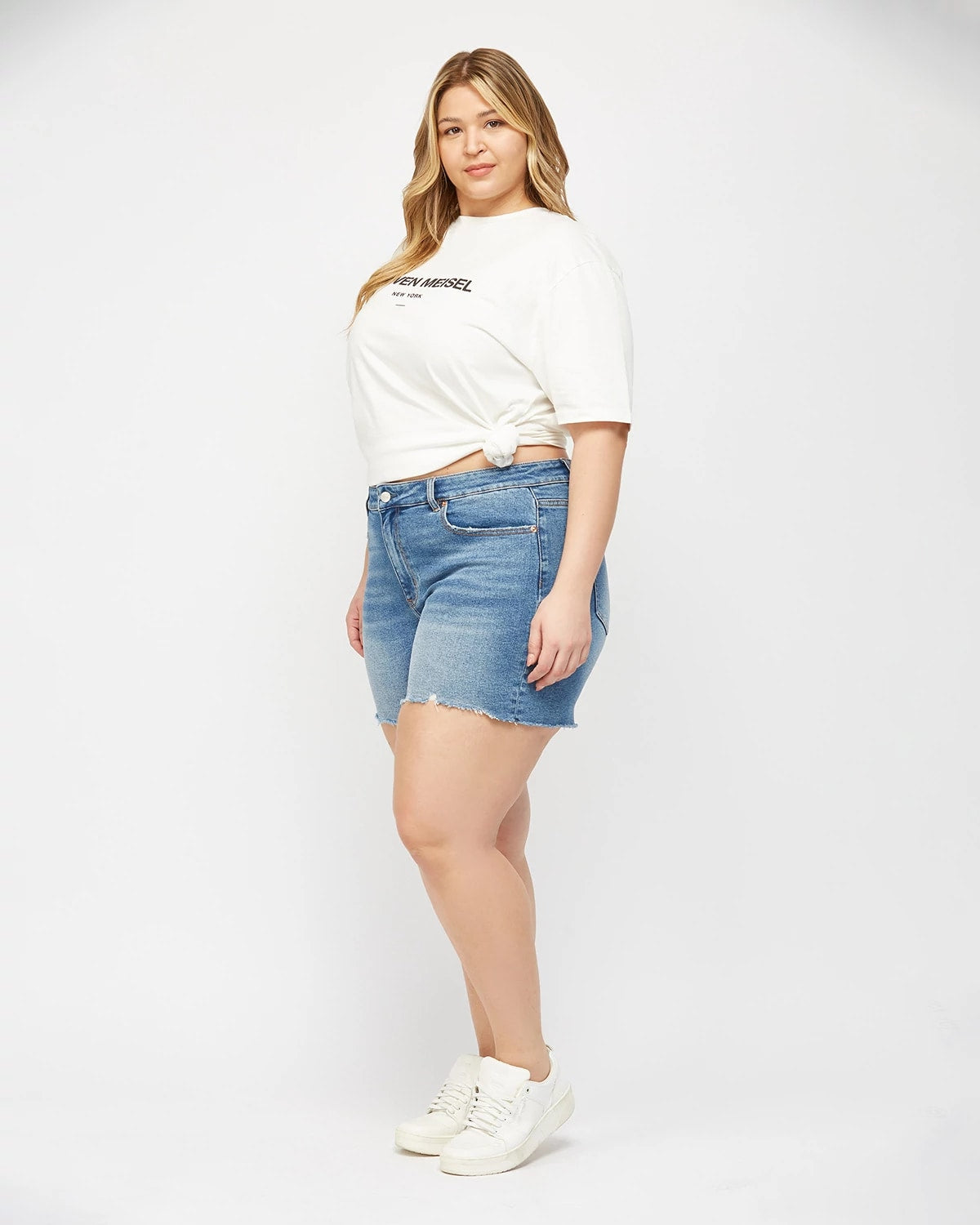 Marine Blue $|& Mica Denim High Rise Cut Off Shorts - Hanger Front
