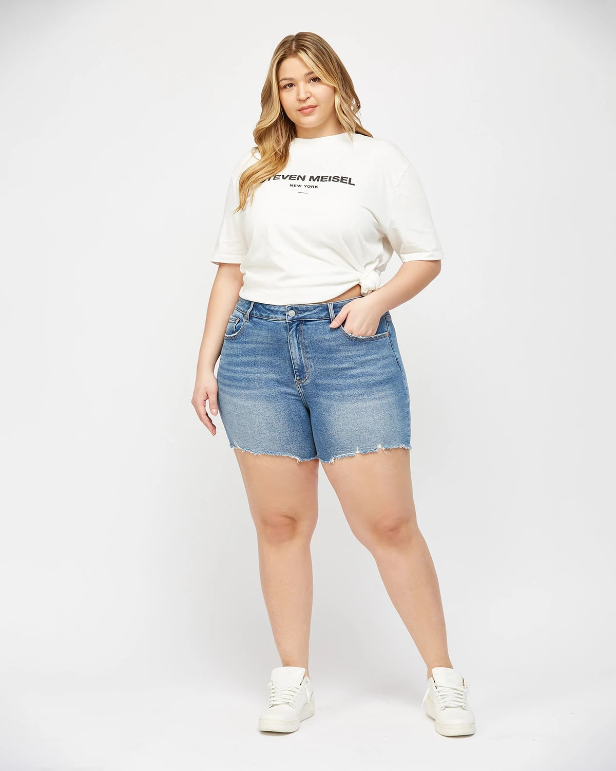 Marine Blue $|& Mica Denim High Rise Cut Off Shorts - VOF Detail