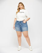 Marine Blue $|& Mica Denim High Rise Cut Off Shorts - VOF Detail