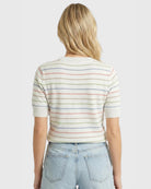Orange/Taupe $|& Staccato Pointelle Striped Crew Neck Sweater - Hanger Side