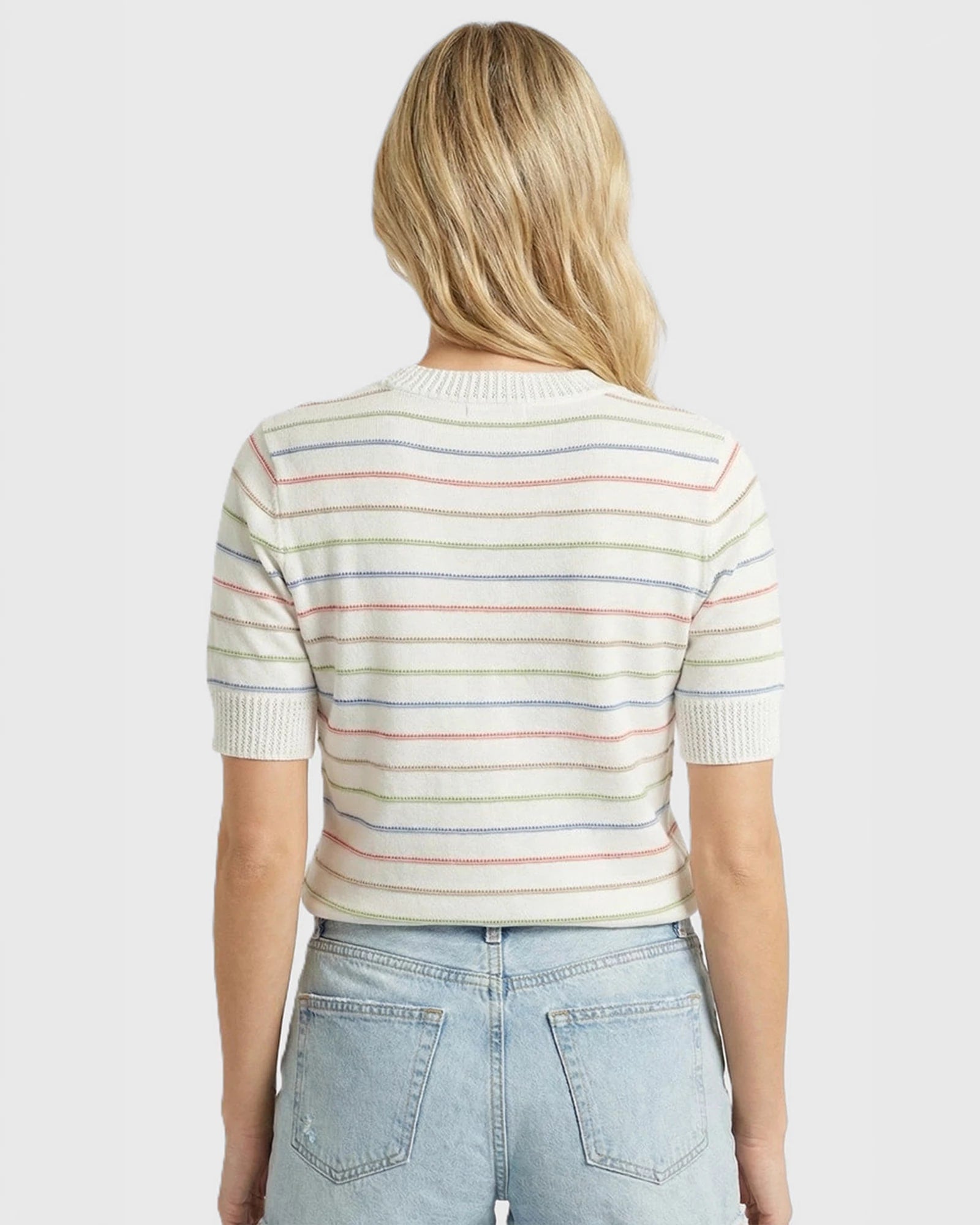 Orange/Taupe $|& Staccato Pointelle Striped Crew Neck Sweater - Hanger Side