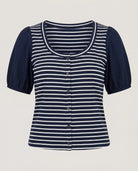 Navy/White $|& Skies Are Blue Stripe Knit Top with Contrast Sleeve - Hanger Detail