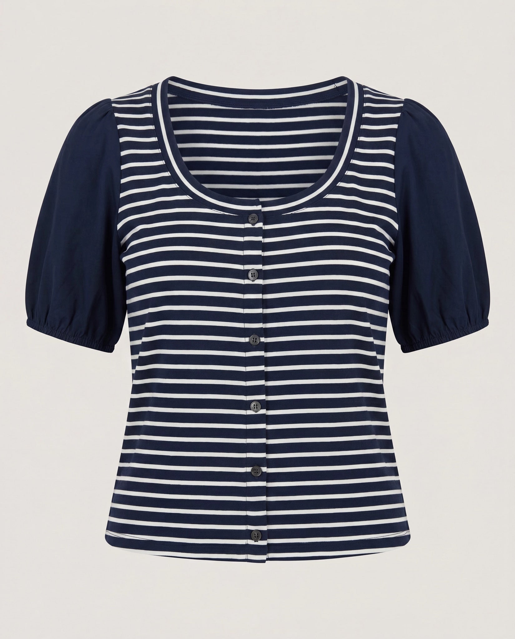 Navy/White $|& Skies Are Blue Stripe Knit Top with Contrast Sleeve - Hanger Detail