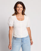 White $|& Skies Are Blue Knit Top with Contrast Sleeve - SOF Front