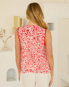 White/Red $|& Skies Are Blue Sleeveless Printed Trim Detail Top - Hanger Side