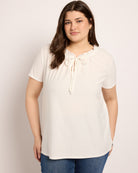 Ivory $|& Loveappella Ruffle Tie Short Sleeve Top - SOF Front