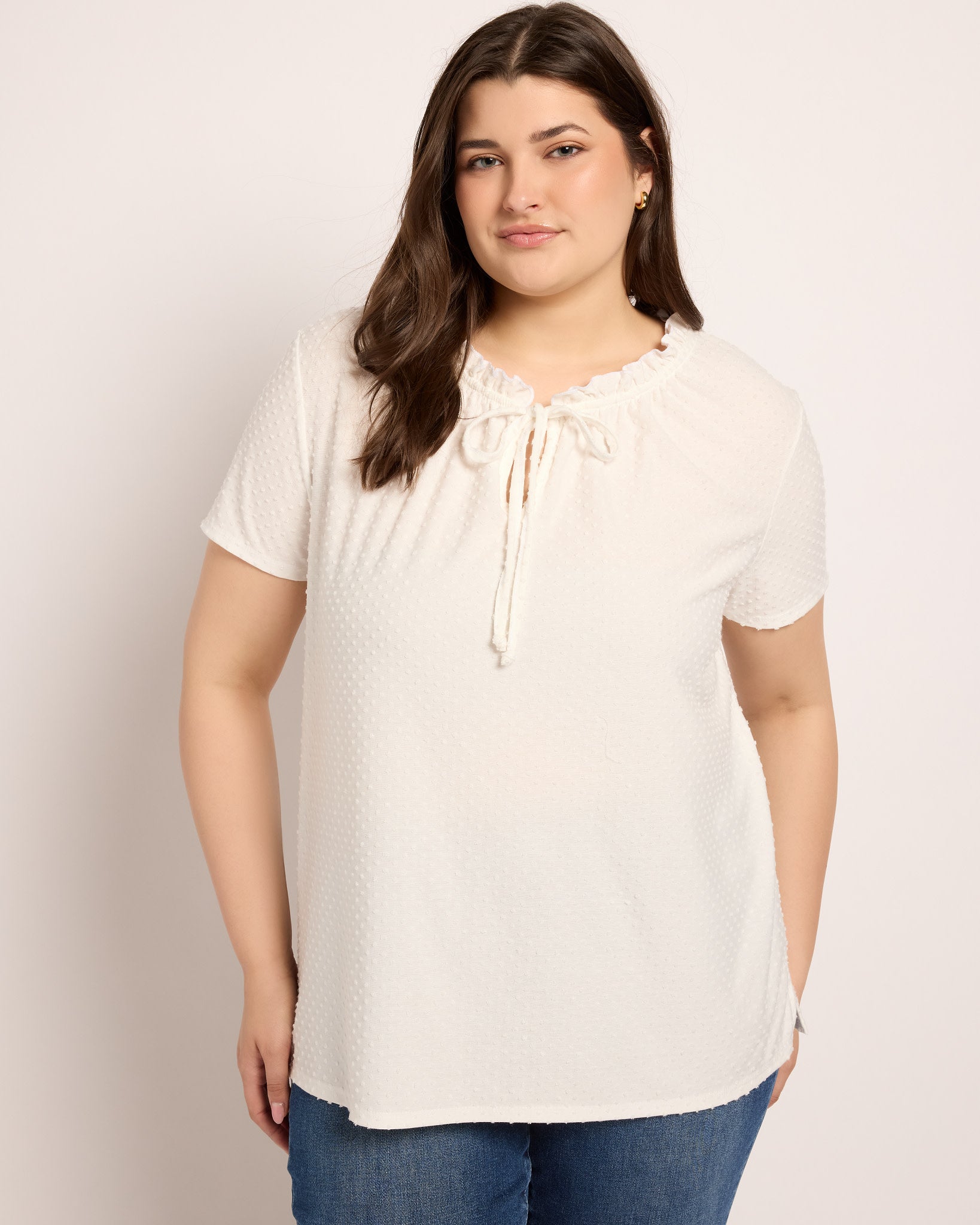 Ivory $|& Loveappella Ruffle Tie Short Sleeve Top - SOF Front