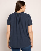 Navy $|& Loveappella Ruffle Tie Short Sleeve Top - SOF Back