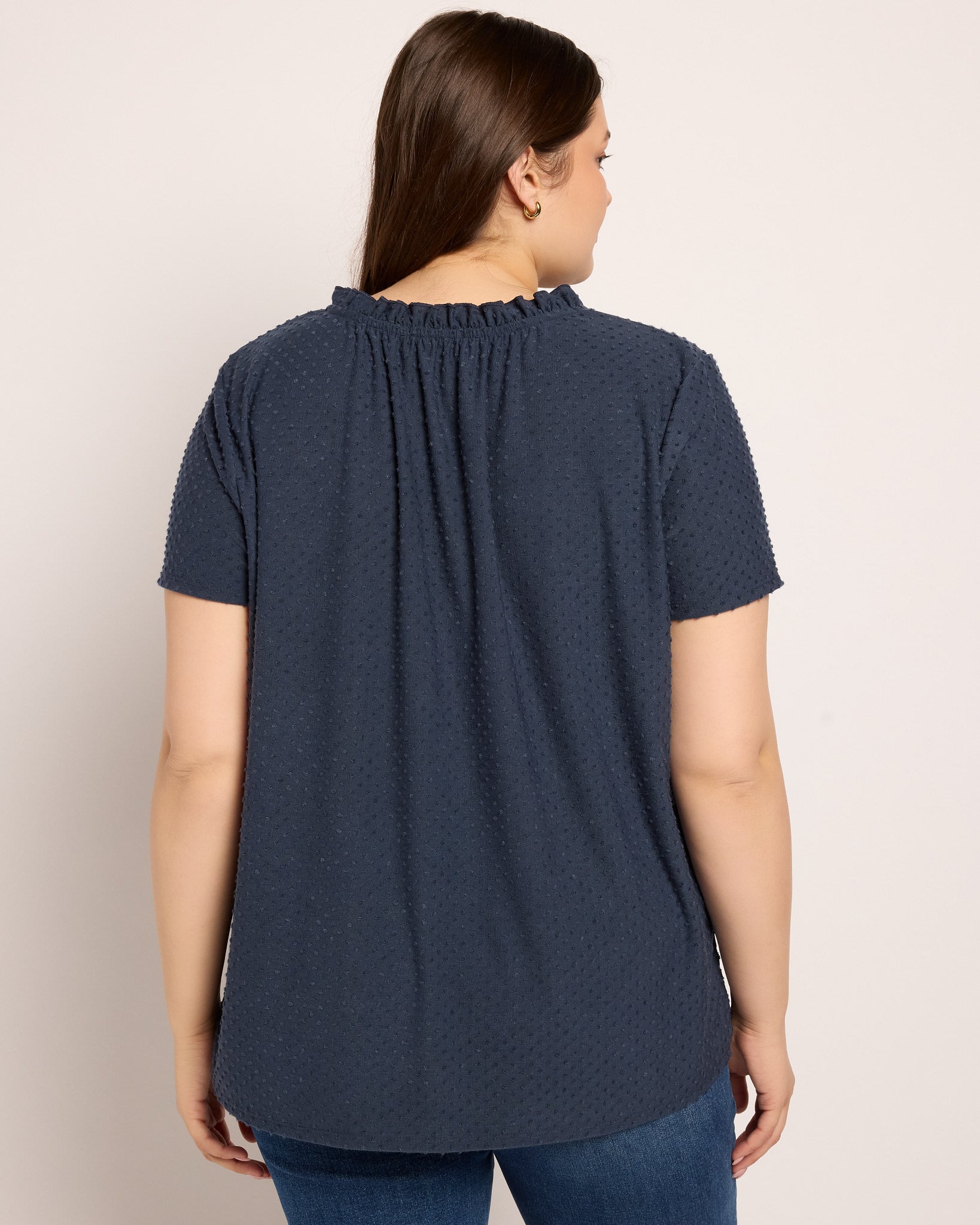 Navy $|& Loveappella Ruffle Tie Short Sleeve Top - SOF Back