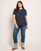 Navy $|& Loveappella Ruffle Tie Short Sleeve Top - UGC On Fig