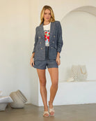 Denim Blue $|& Skies Are Blue Denim Double Breasted Blazer - VOF Detail