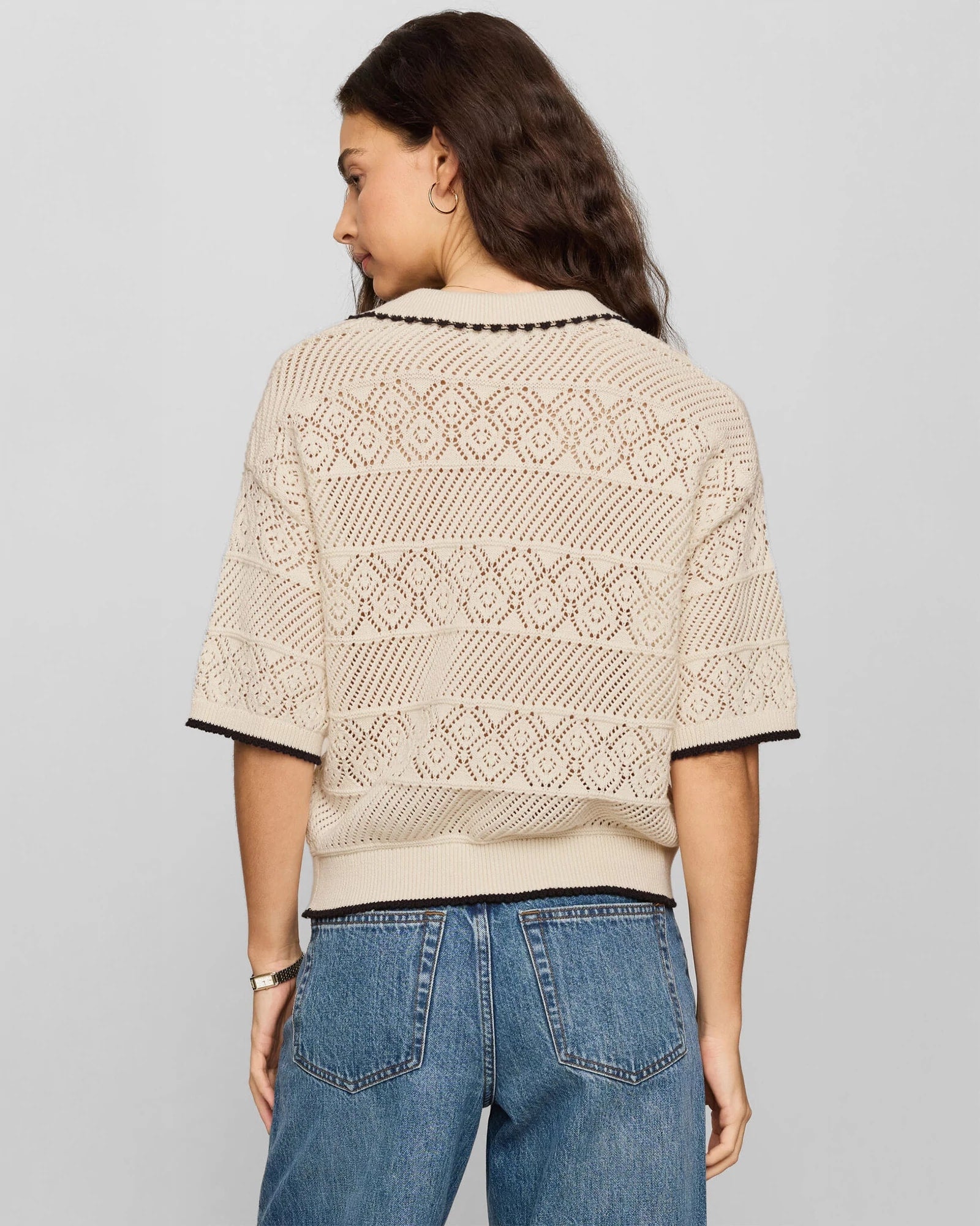 Sandstone $|& Z Supply Denman Crochet Polo Sweater - Hanger Side