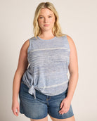 Blue Combo $|& Bobeau Sleeveless Tie Front Crew Neck Top - SOF Front