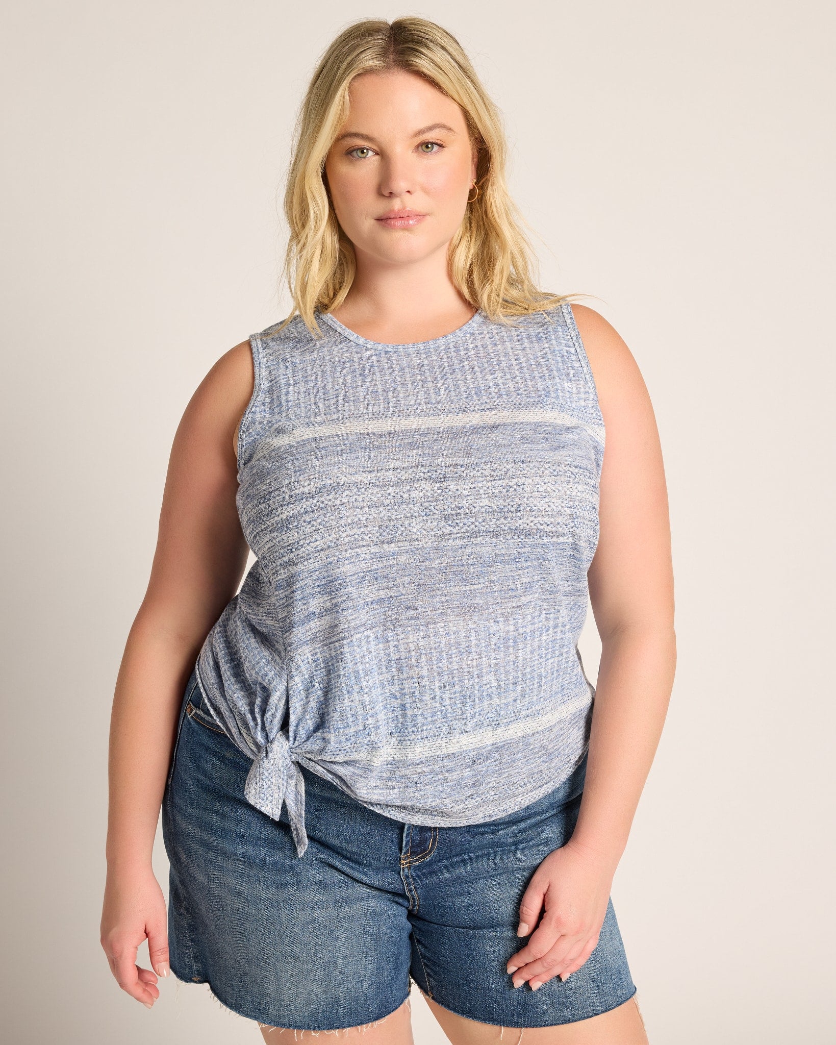 Blue Combo $|& Bobeau Sleeveless Tie Front Crew Neck Top - SOF Front