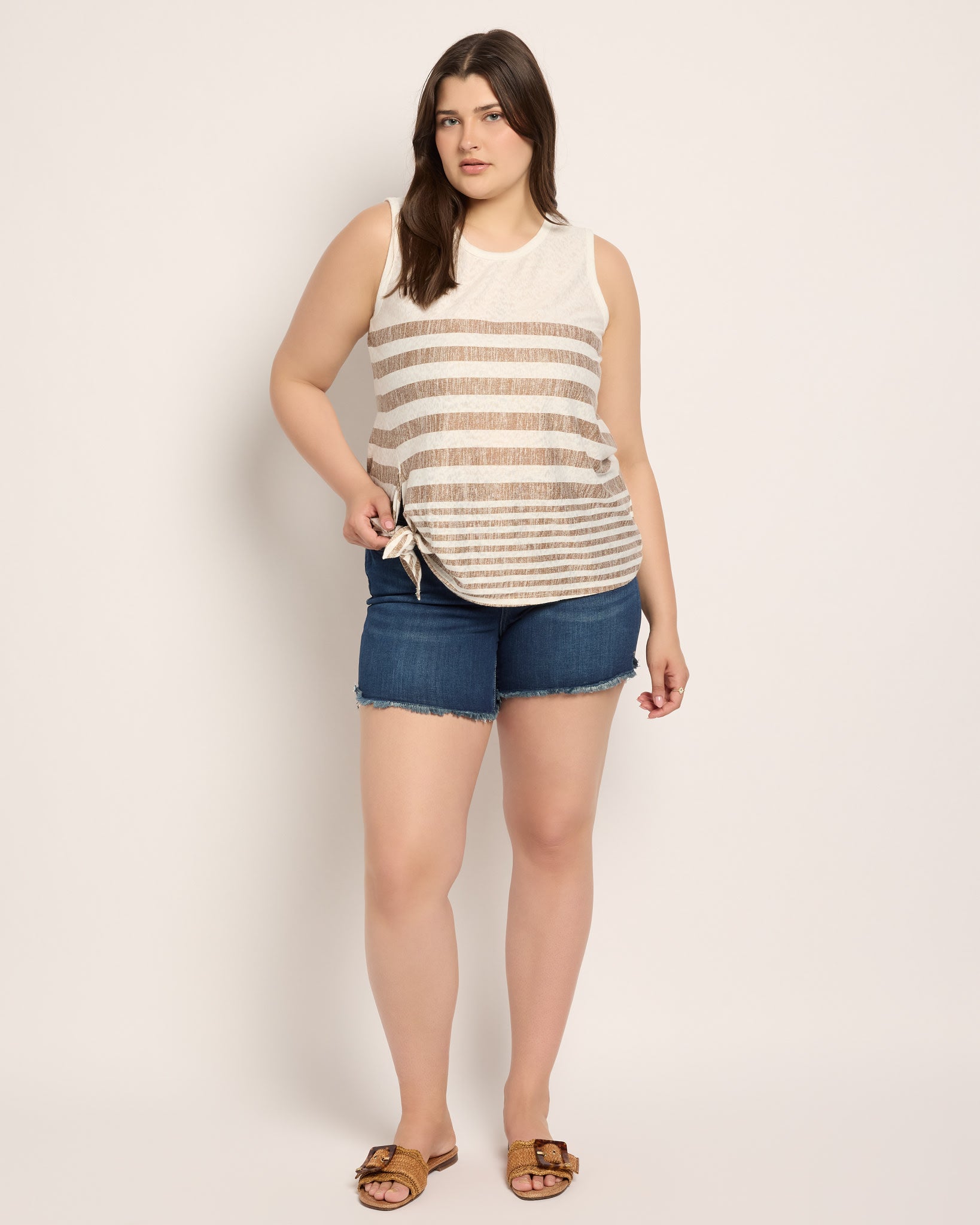 Ivory/Golden Brown $|& Bobeau Sleeveless Tie Front Crew Neck Top - UGC On Fig