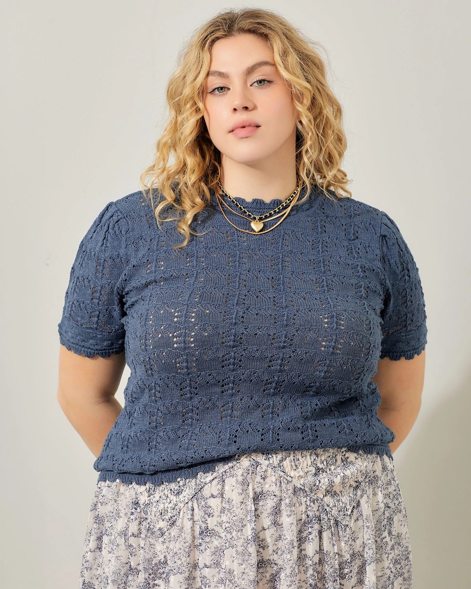 Dusty Blue $|& Polagram Crochet Sweater Tee - VOF Detail