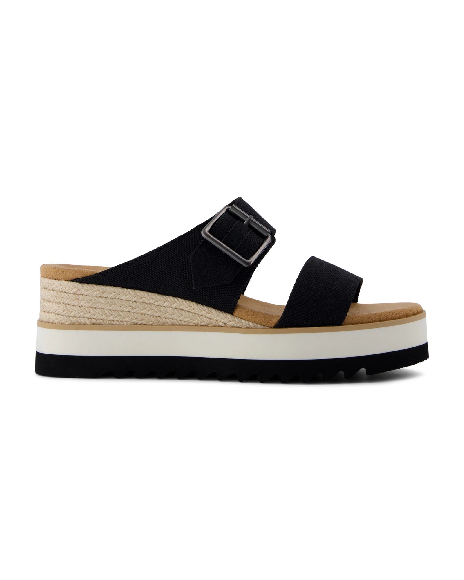 Black Heavy Canvas $|& TOMS Diana Mule Buckle Wedge Sandal