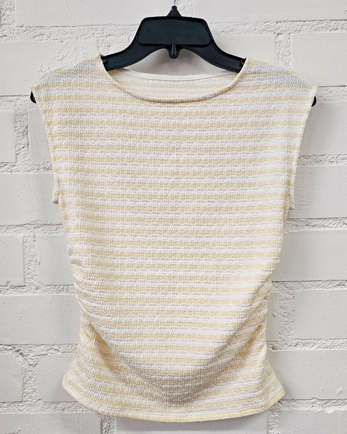 Ivory/Mellow Yellow $|& W. by Wantable Sleeveless Stripe Top with Side Ruching - VOF Detail