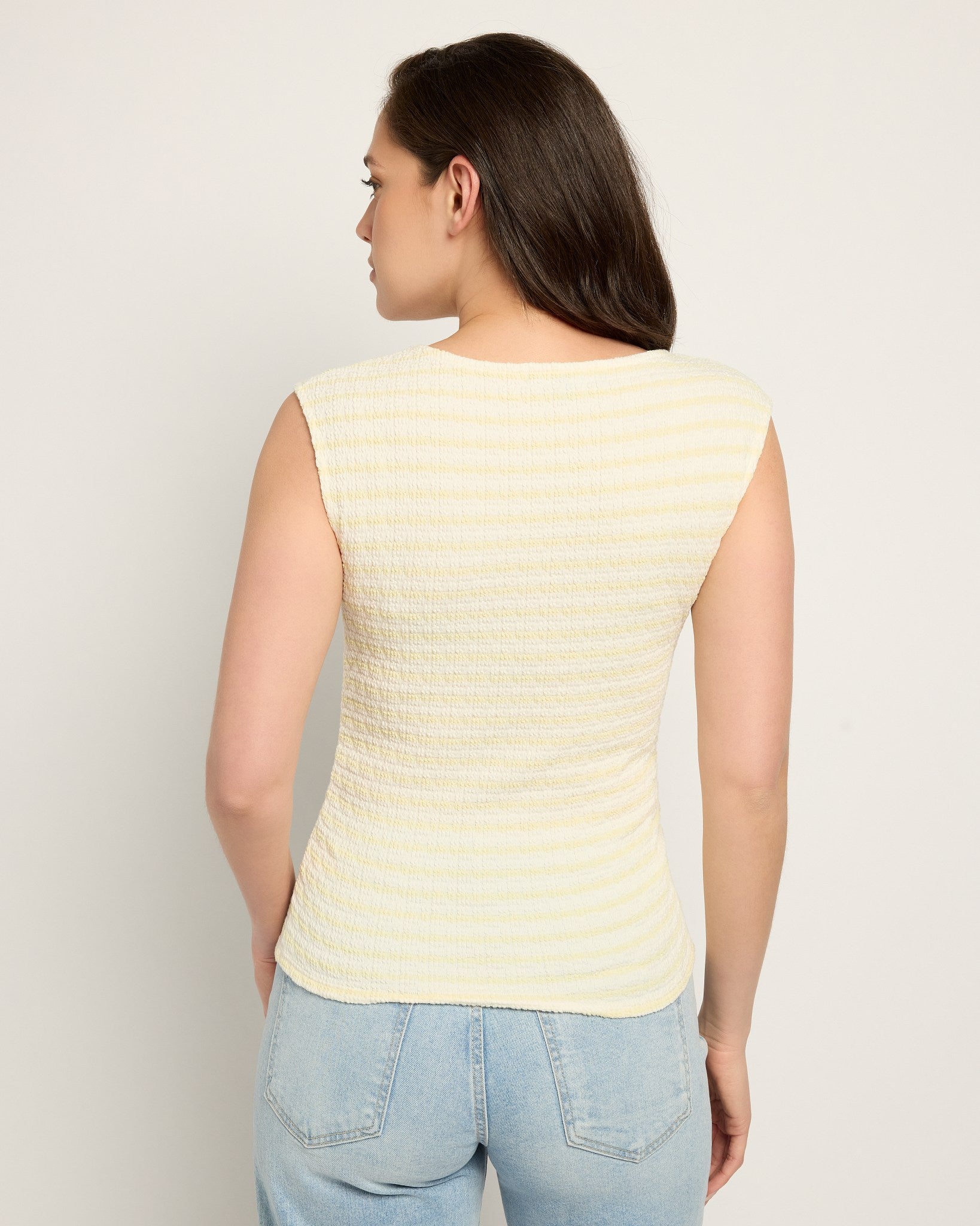 Ivory/Mellow Yellow $|& W. by Wantable Sleeveless Stripe Top with Side Ruching - SOF Back