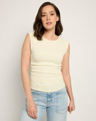 Ivory/Mellow Yellow $|& W. by Wantable Sleeveless Stripe Top with Side Ruching - SOF Front