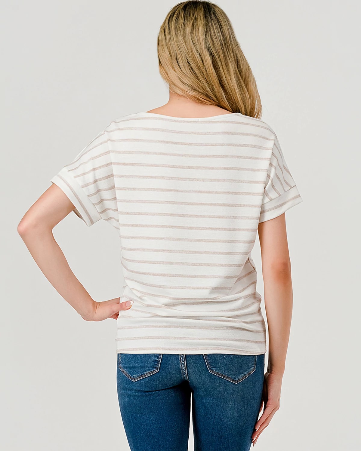 Oatmeal/Off White $|& W. by Wantable Short Sleeve Striped Top - Hanger Side