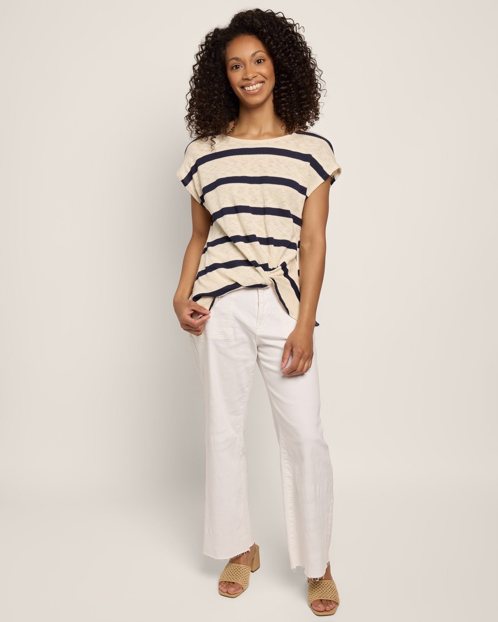 Cream/Navy $|& W. by Wantable Textured Stripe Twist Front Top - UGC On Fig