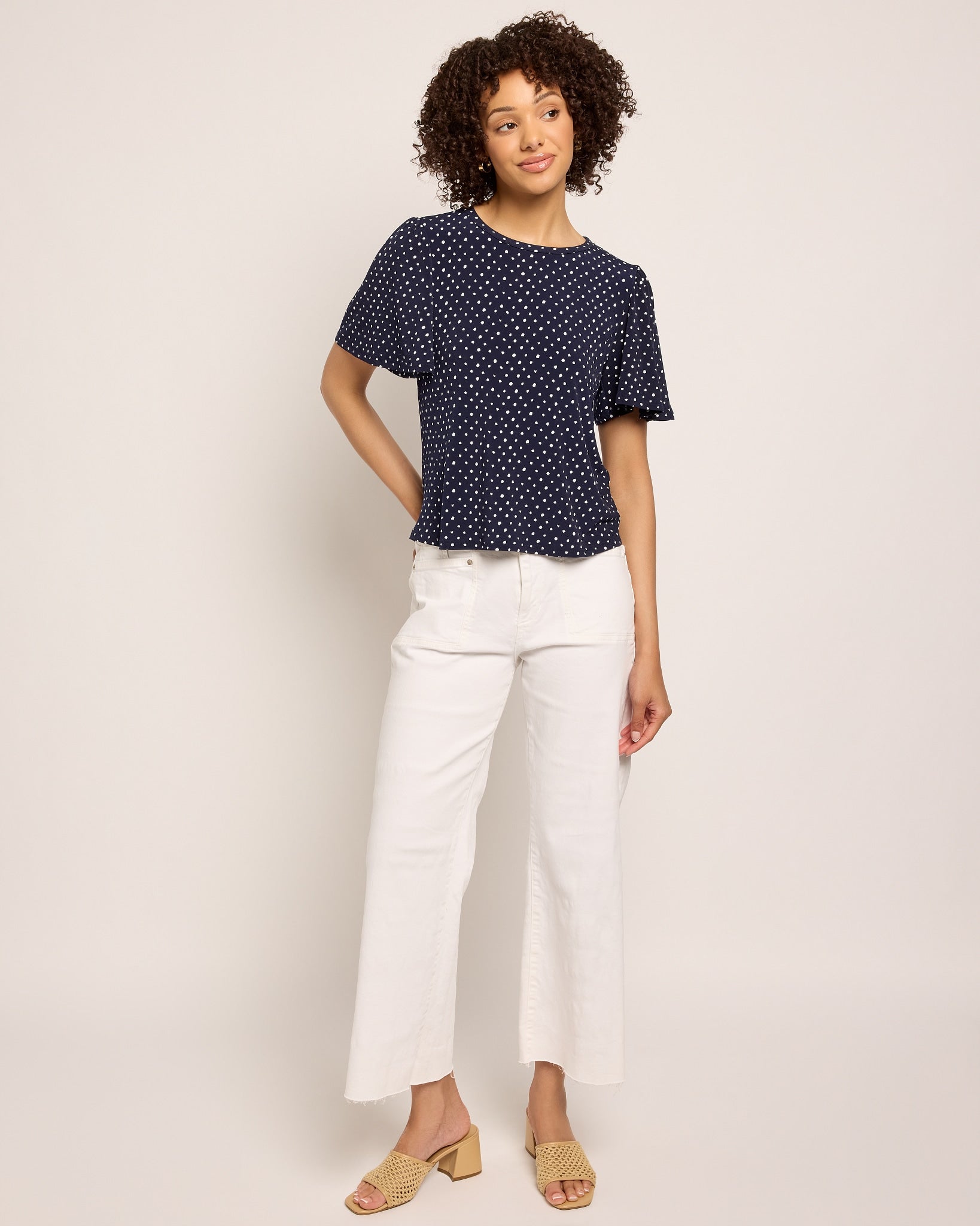 Navy Dot $|& Beacon & Haven Polka Dot Flutter Sleeve Knit Top - UGC On Fig