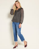 Black Clover $|& Beacon & Haven Printed Chiffon Long Sleeve Ruffle Blouse - UGC On Fig