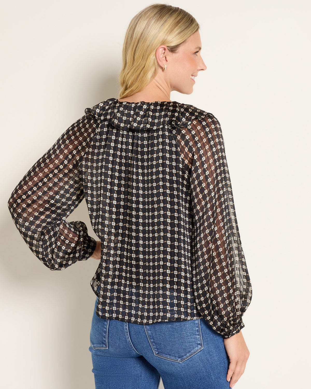 Black Clover $|& Beacon & Haven Printed Chiffon Long Sleeve Ruffle Blouse - SOF Back