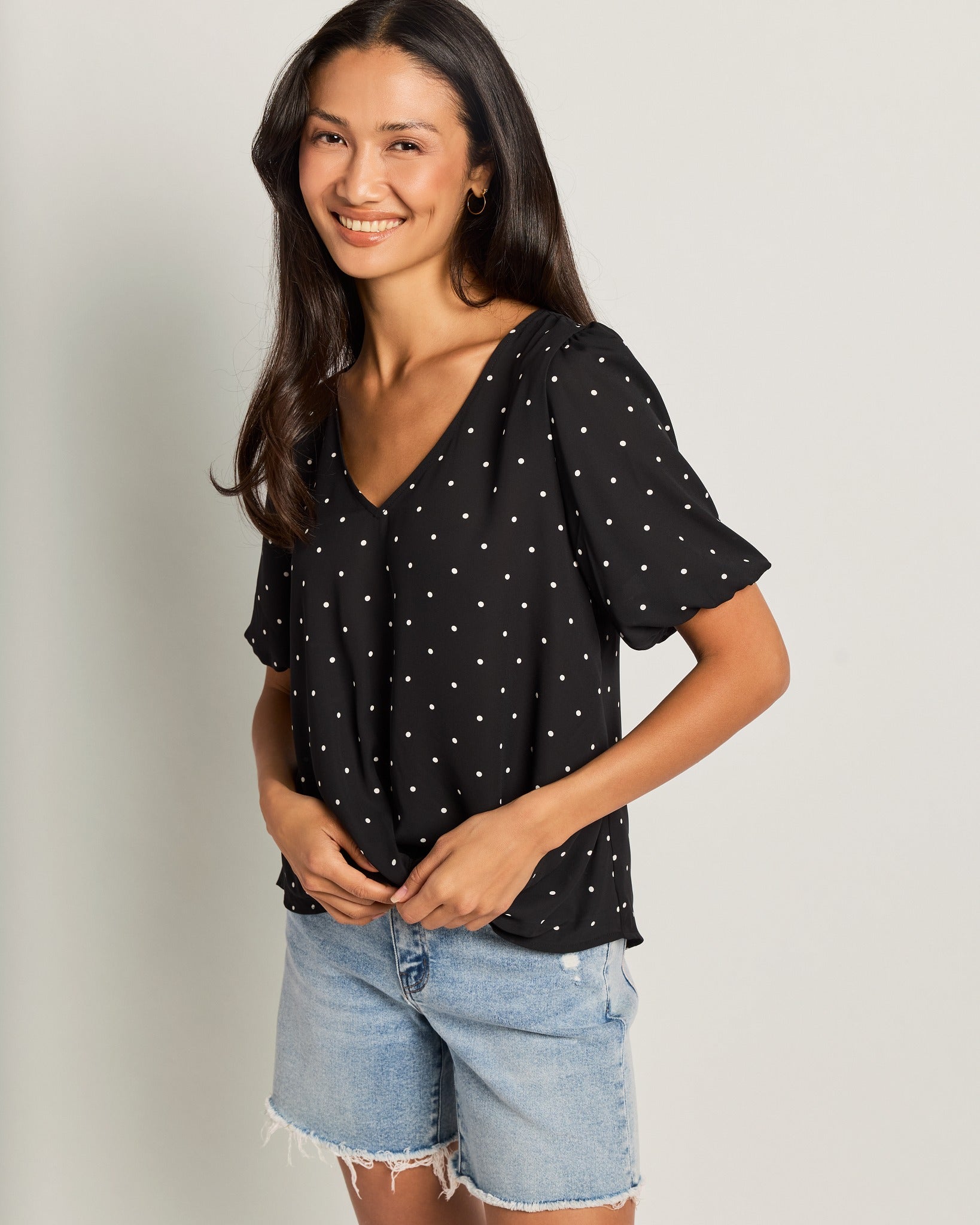 Black Dot $|& West Kei Printed Woven Short Sleeve Twist Front Top - SOF Front