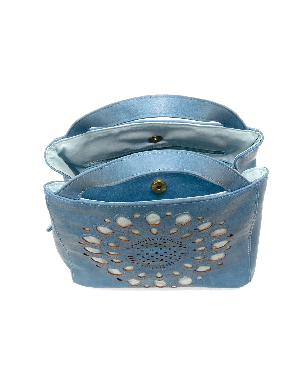 Tranquil Blue $|& Joy Susan Flora Laser Cut Out Crossbody Tote - Hanger Back