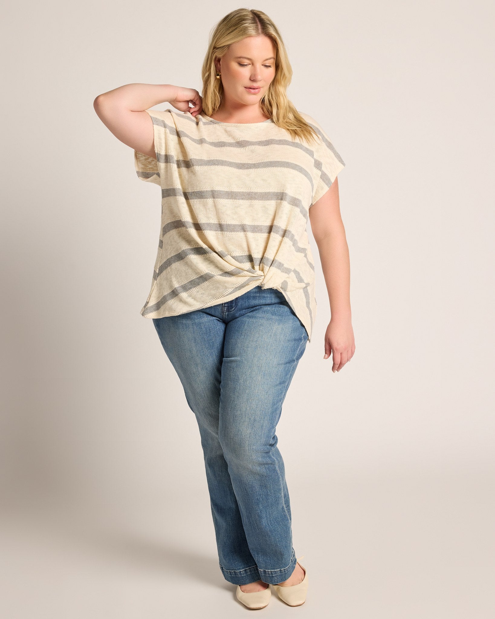 Cream/Grey $|& W. by Wantable Textured Stripe Twist Front Top - UGC On Fig