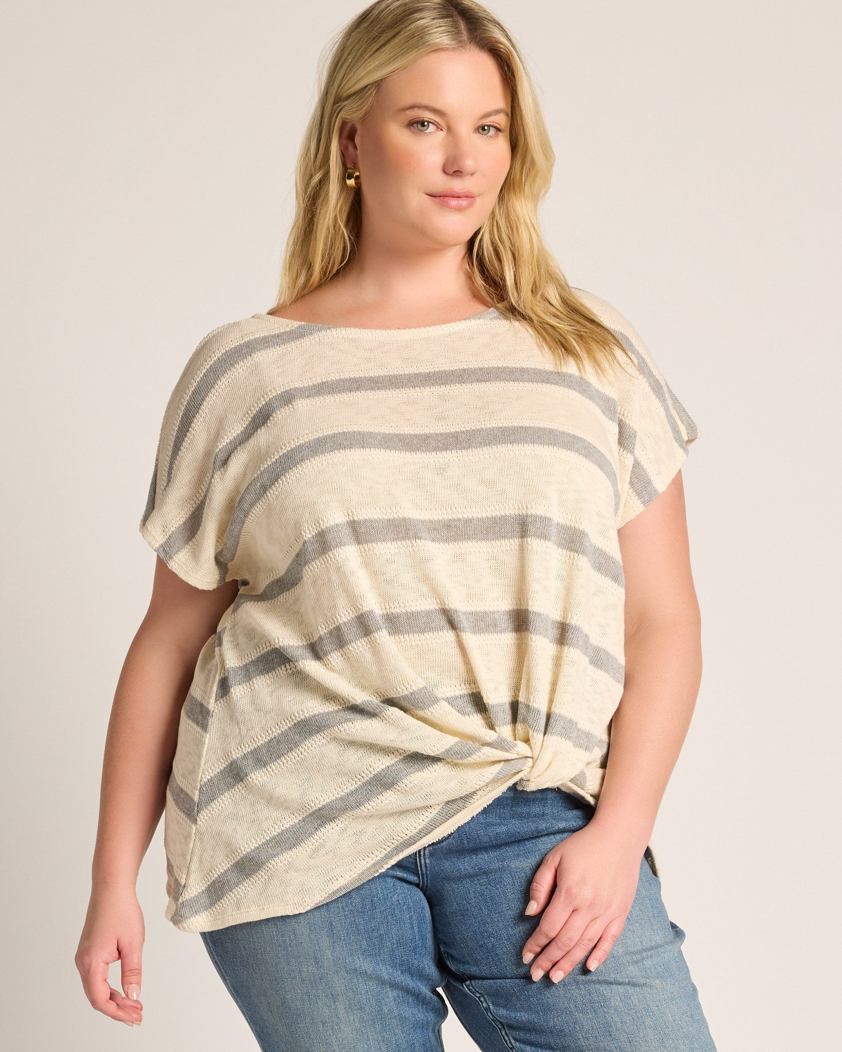 Cream/Grey $|& W. by Wantable Textured Stripe Twist Front Top - SOF Front