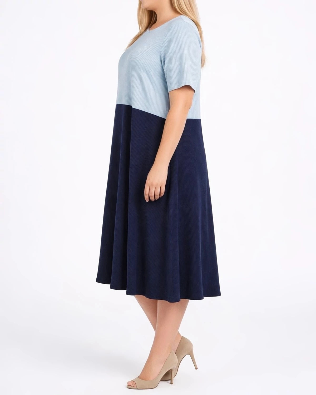 Light Blue/Navy $|& Chris & Carol Short Sleeve Knit Pocket Midi Dress - Hanger Front