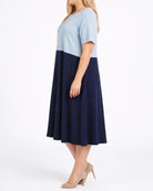 Light Blue/Navy $|& Chris & Carol Short Sleeve Knit Pocket Midi Dress - Hanger Front