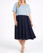 Light Blue/Navy $|& Chris & Carol Short Sleeve Knit Pocket Midi Dress - VOF Detail