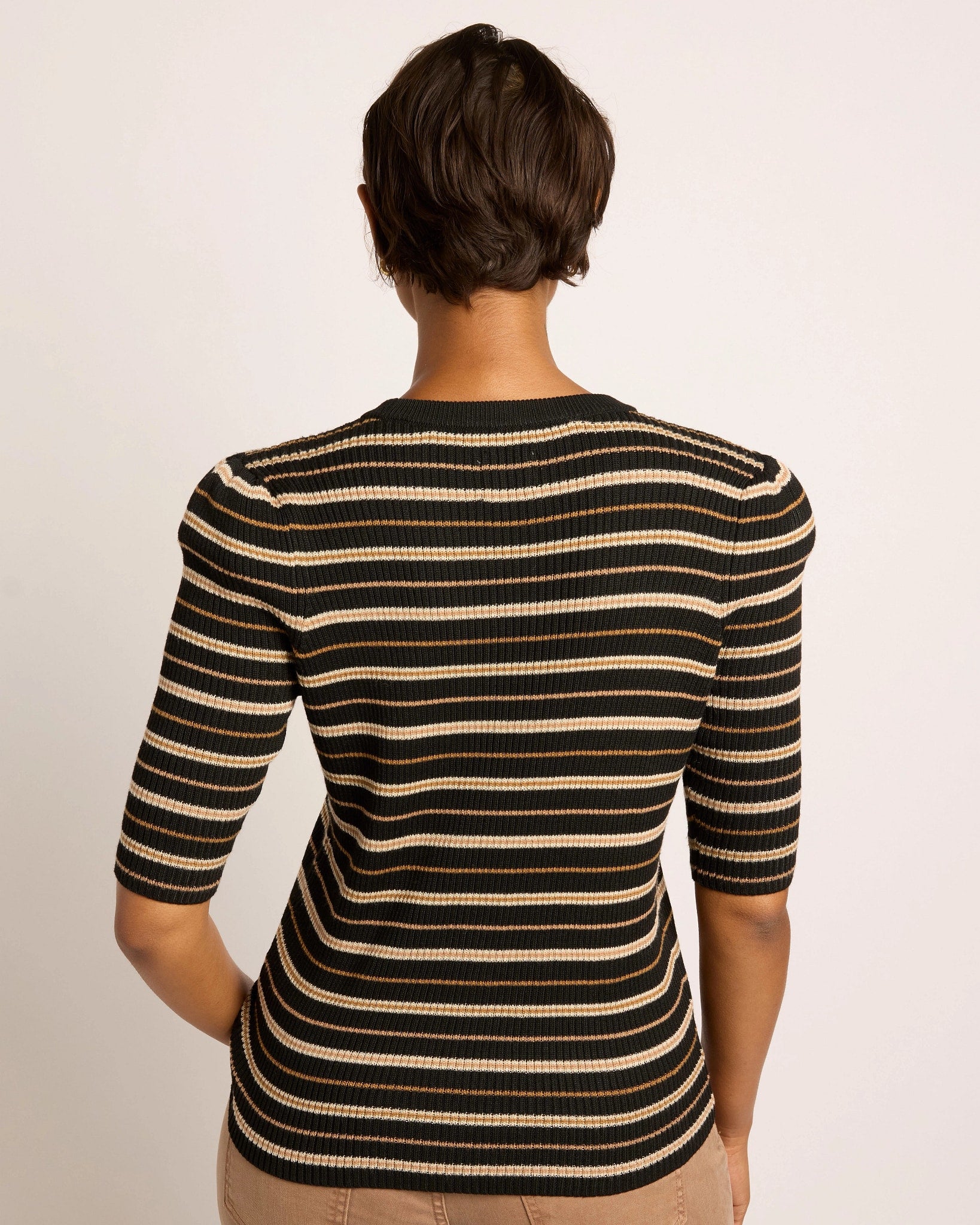 Black Stripe $|& SEAS Amelia Elbow Sleeve Striped Sweater Top - SOF Back