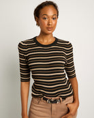 Black Stripe $|& SEAS Amelia Elbow Sleeve Striped Sweater Top - SOF Front