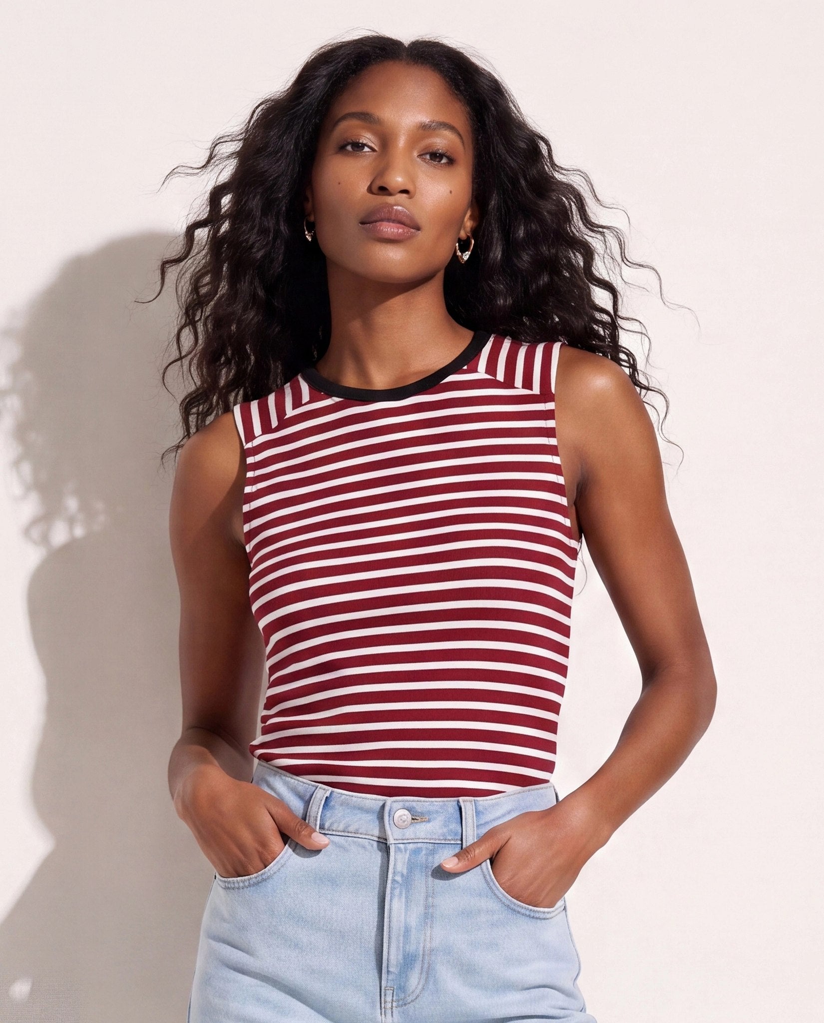 Wine/Ivory $|& SEAS Mia Striped Tank Top - SOF Front
