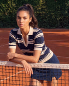 Ink Navy/Cream Stripe $|& Interval Serve Short Sleeve Polo - SOF Side