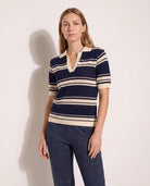 Ink Navy/Cream Stripe $|& Interval Serve Short Sleeve Polo - SOF Front