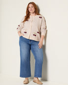 Oatmeal/Dark Red $|& Bobeau Cherries Button Front Soft Airy Yarn Cardigan - UGC On Fig