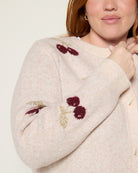 Oatmeal/Dark Red $|& Bobeau Cherries Button Front Soft Airy Yarn Cardigan - SOF Full Front