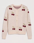 Oatmeal/Dark Red $|& Bobeau Cherries Button Front Soft Airy Yarn Cardigan - Hanger Detail