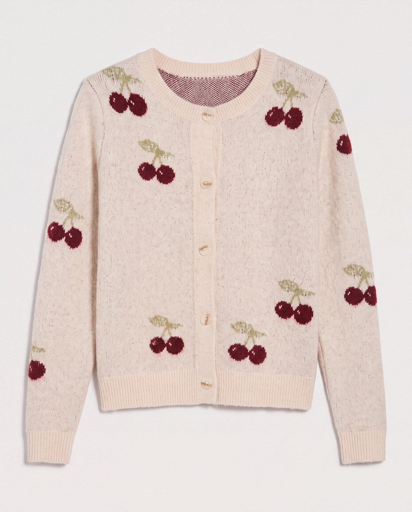 Oatmeal/Dark Red $|& Bobeau Cherries Button Front Soft Airy Yarn Cardigan - Hanger Detail